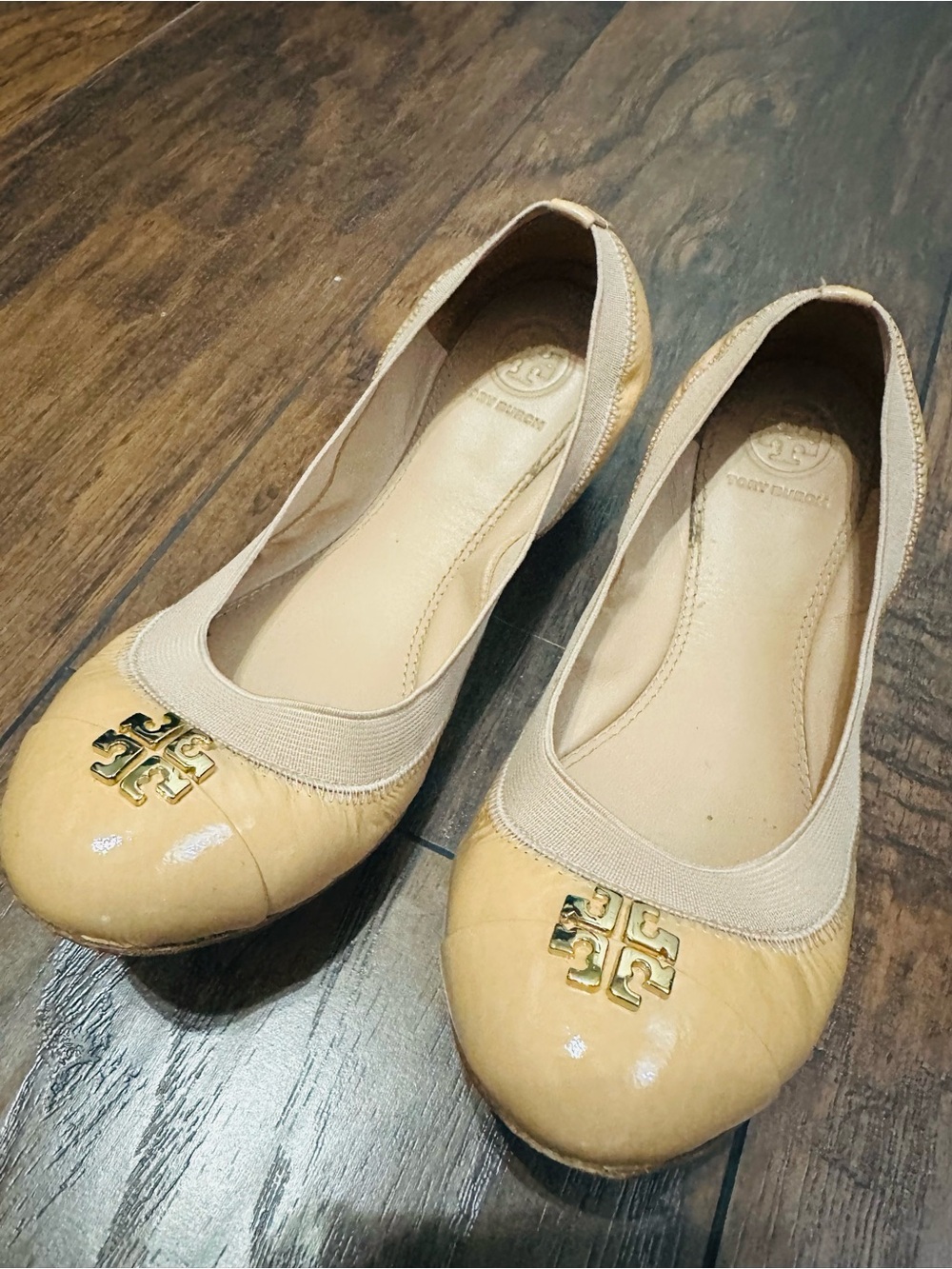 Tory Burch Tan Patent Leather Logo Ballet Flats
